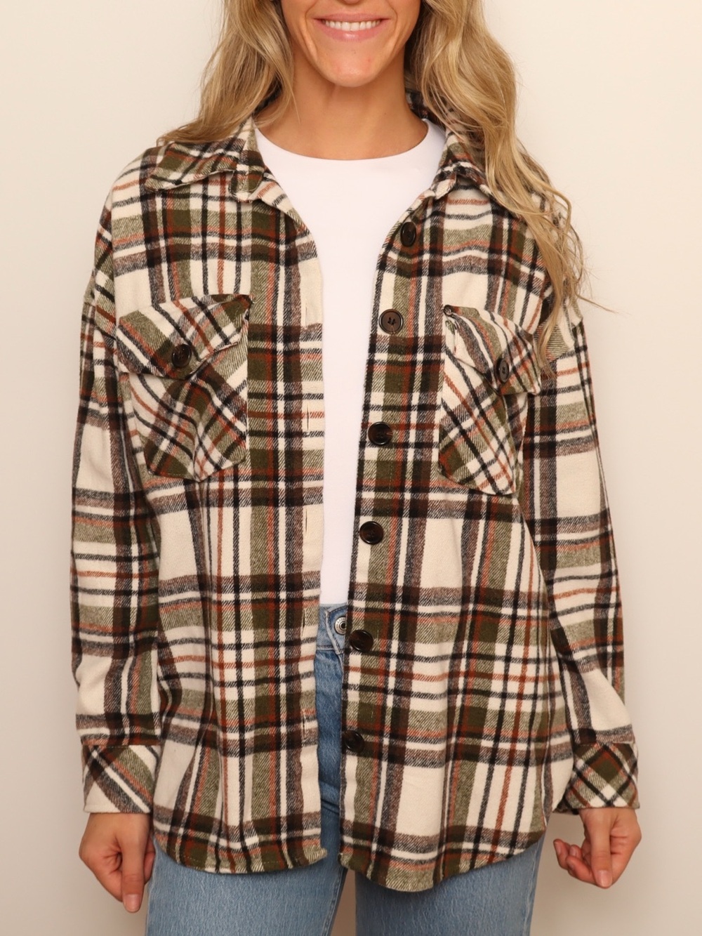 Blu Pepper Oversized Plaid Shacket Cream Olive Rust Flannel Jacket